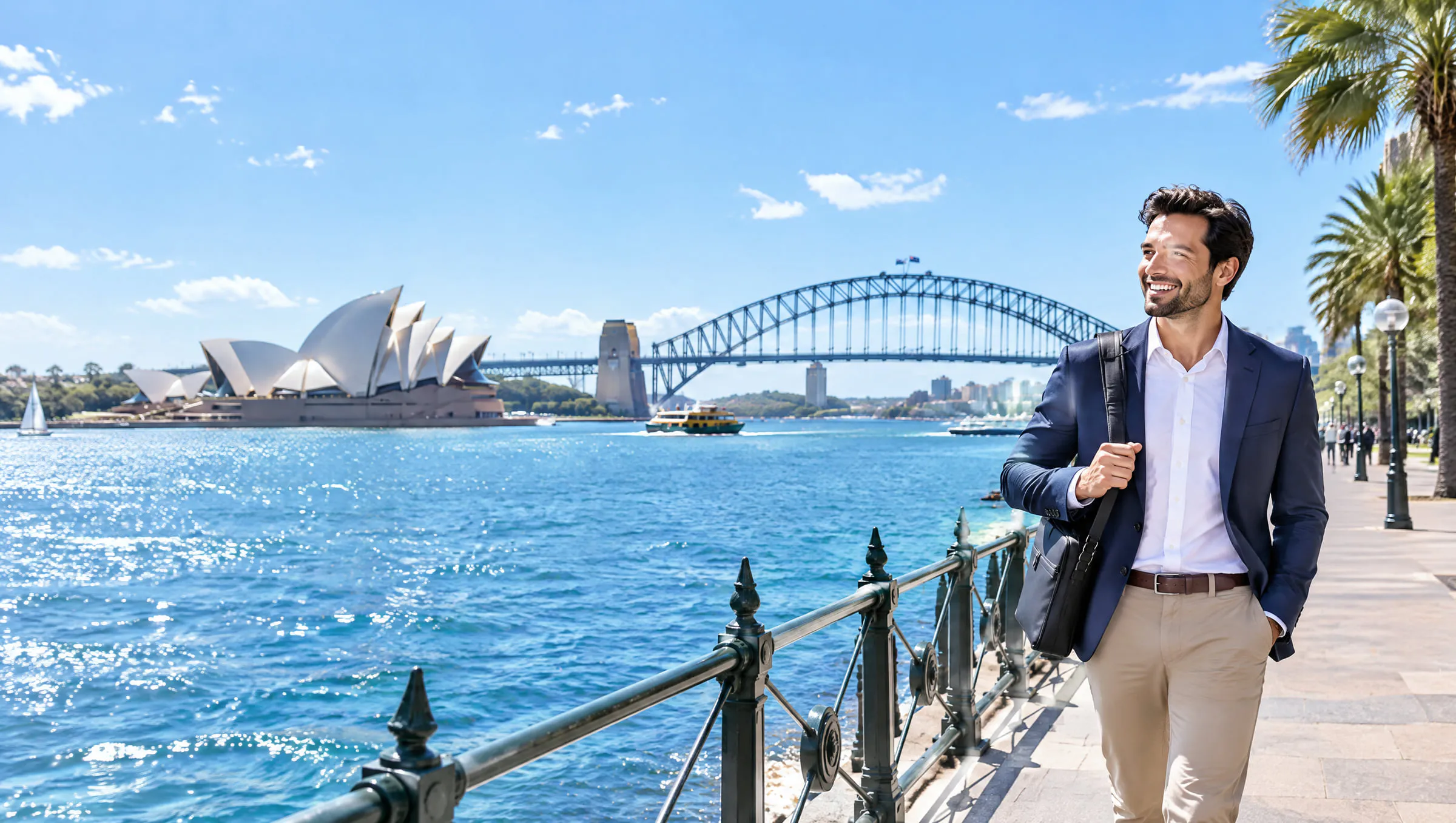 Sydney Opera House and Harbour Bridge across the harbour on a sunny day