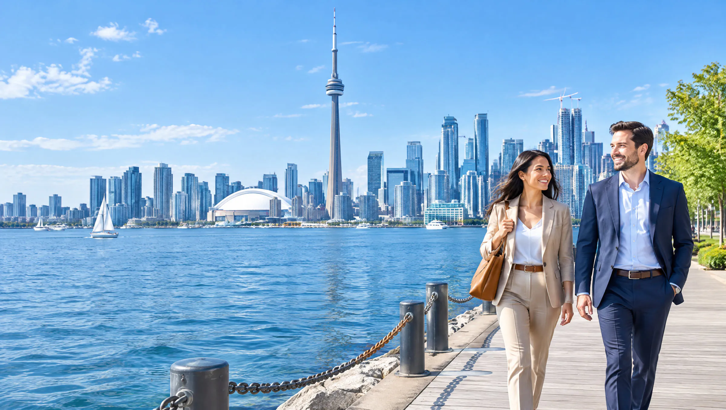 A professional couple walking along the Toronto waterfront with the CN Tower behind them