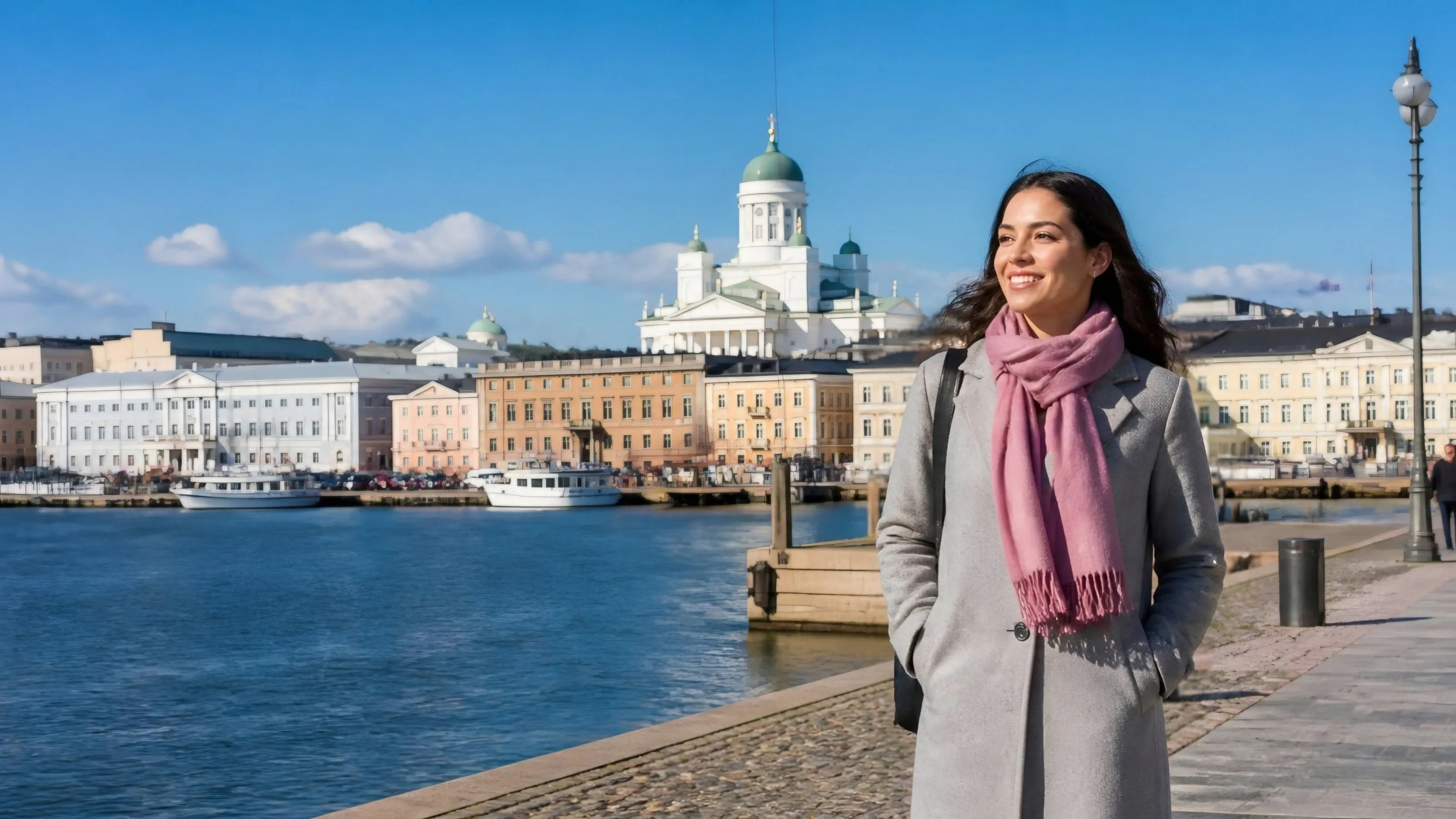A professional walking along the Helsinki waterfront in the morning