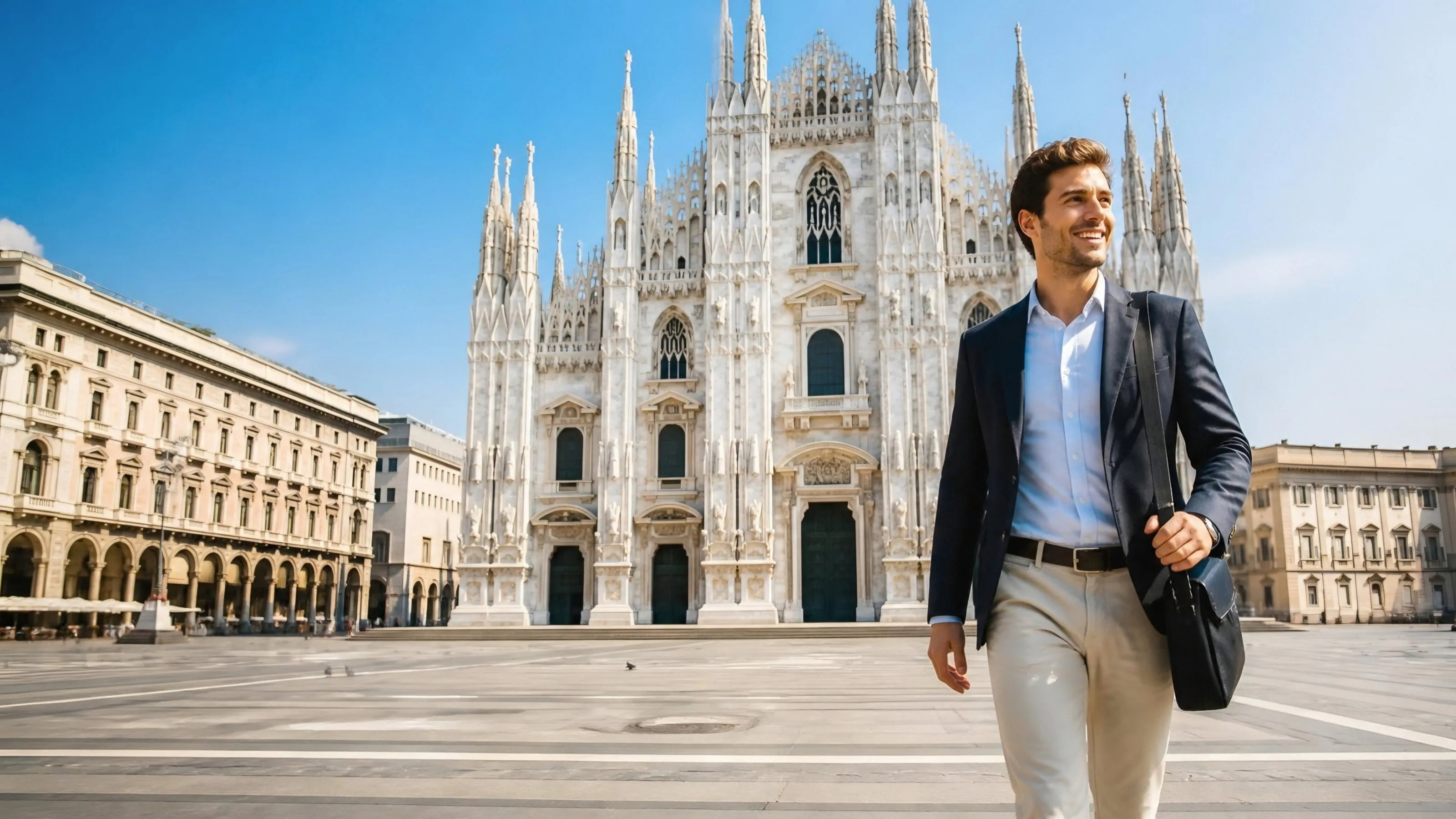 A professional walking across the piazza in front of Milan Cathedral