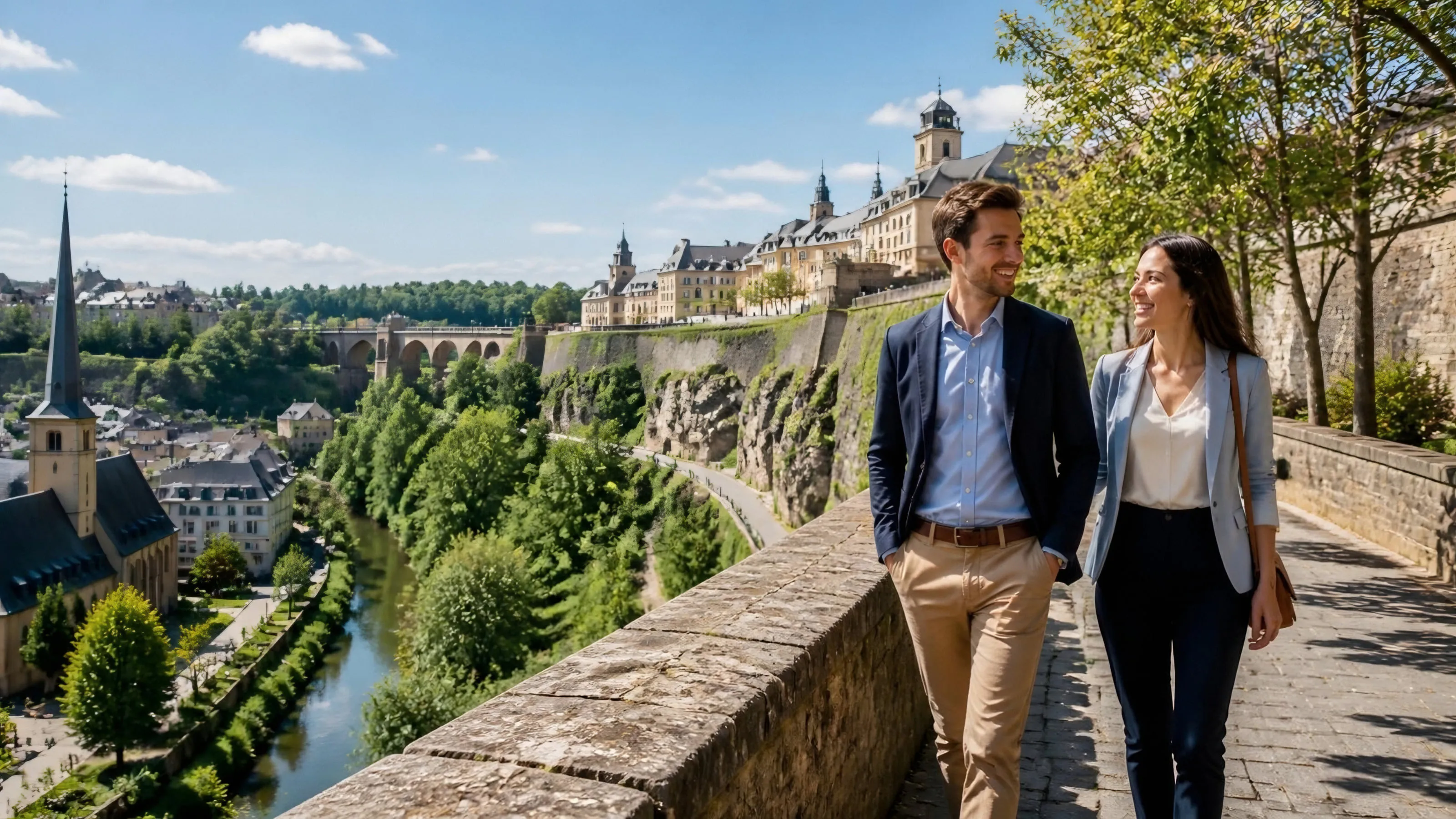 A young couple walking along a promenade above the Grund valley in Luxembourg City