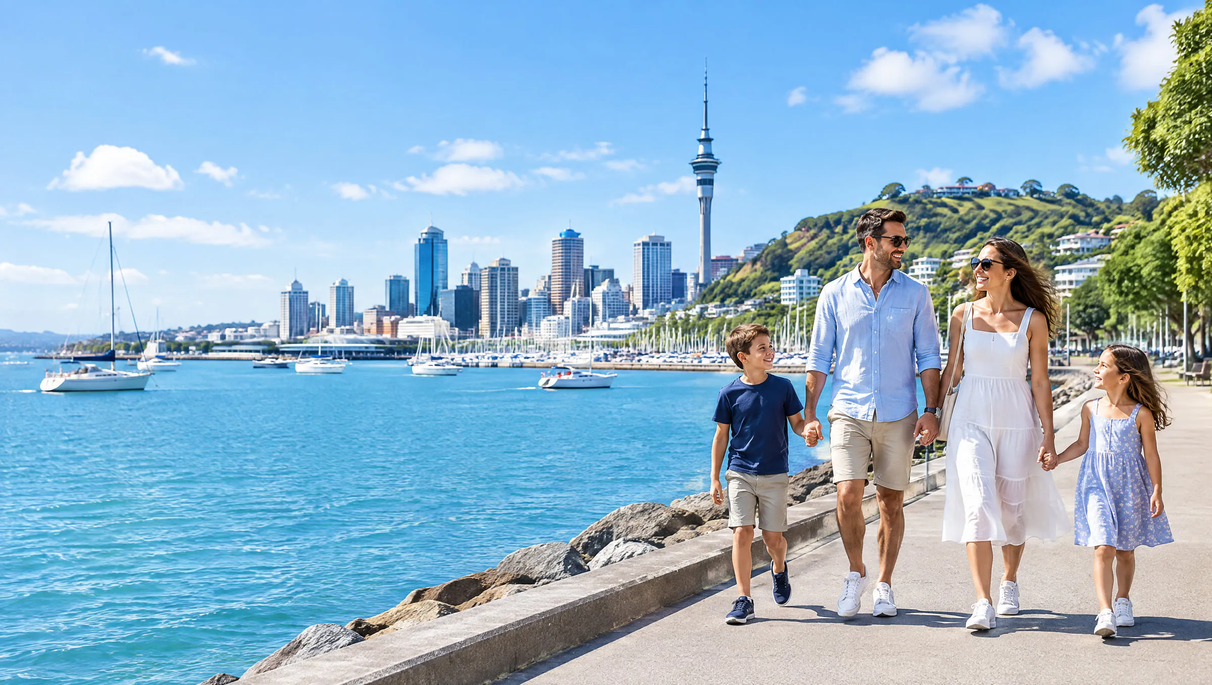 A family walking along the Auckland waterfront with the Sky Tower in the distance