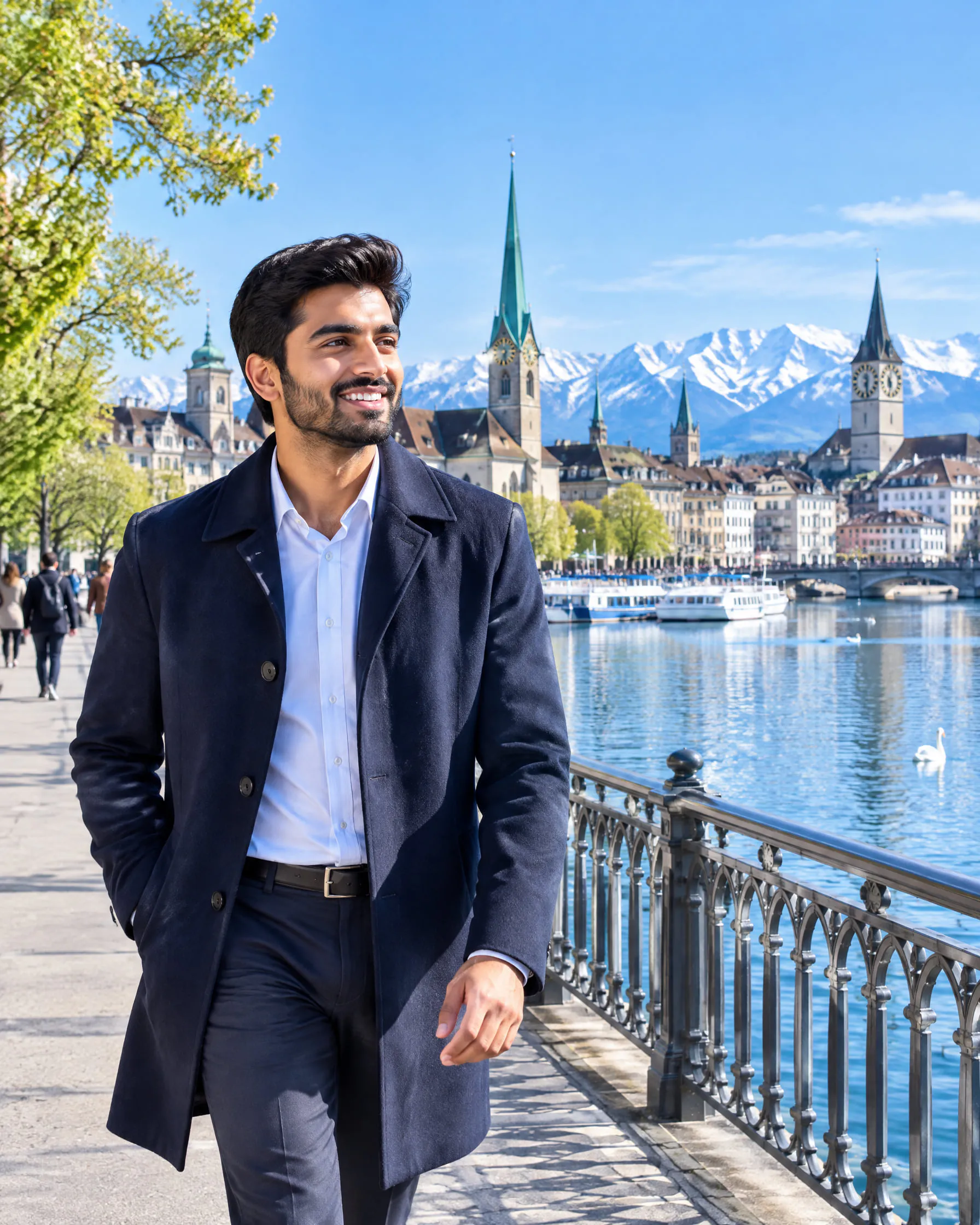 A professional walking along Lake Zurich with the Alps in the distance