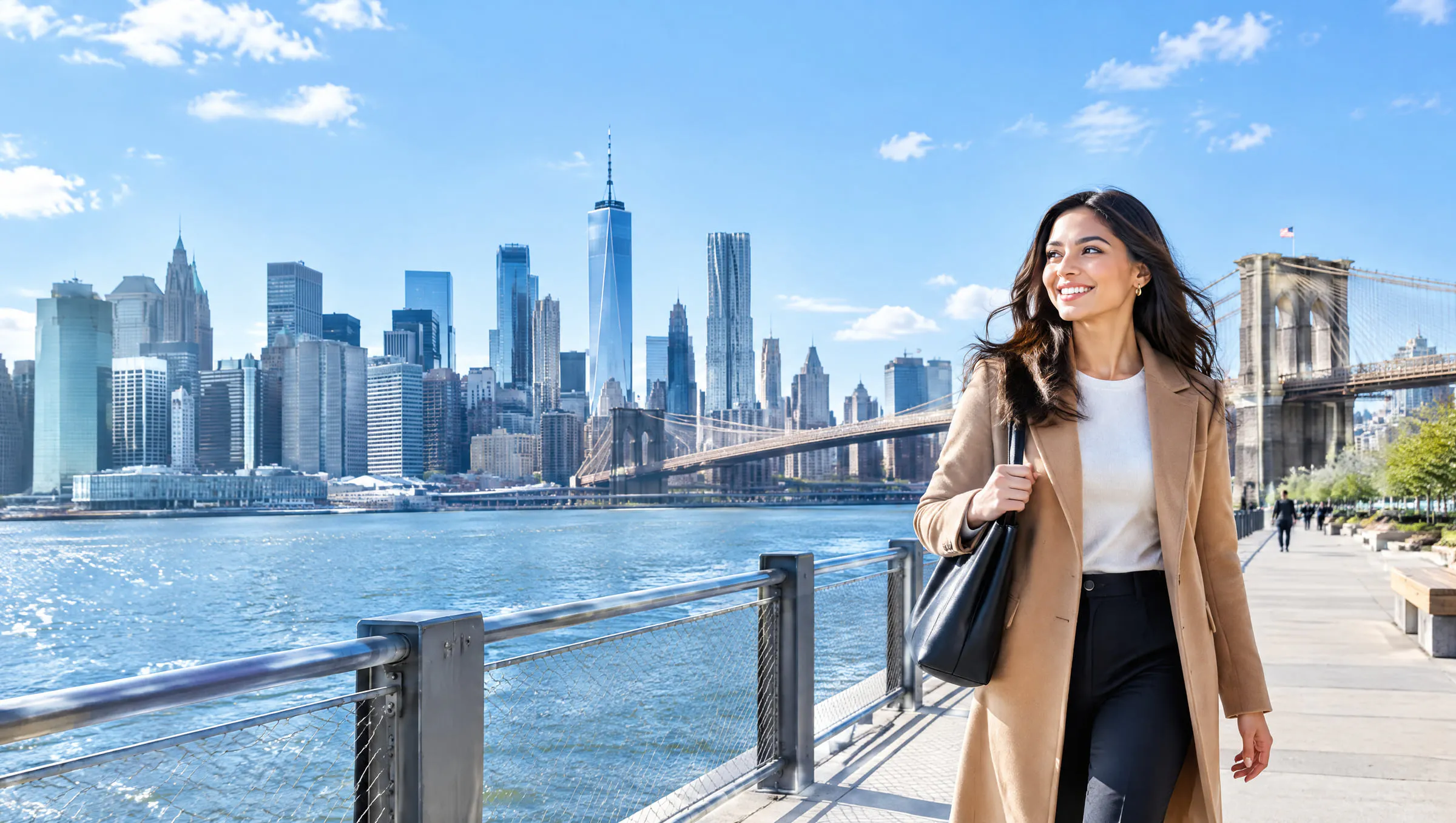 A professional woman walking in Brooklyn with the Manhattan skyline and Brooklyn Bridge behind her