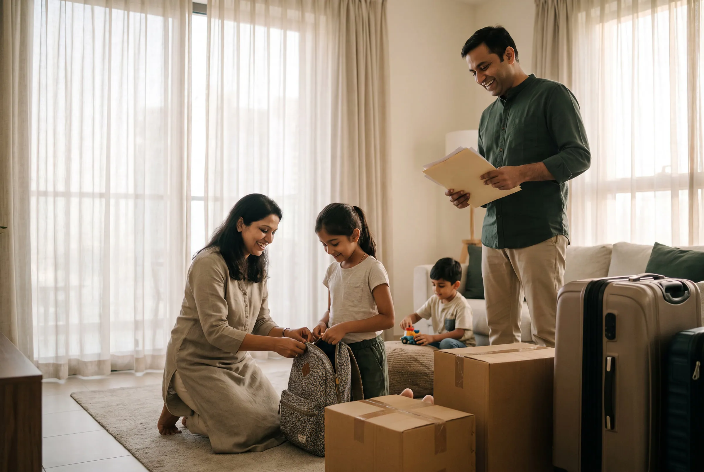 A family packing boxes and suitcases in their Dubai apartment before a move abroad