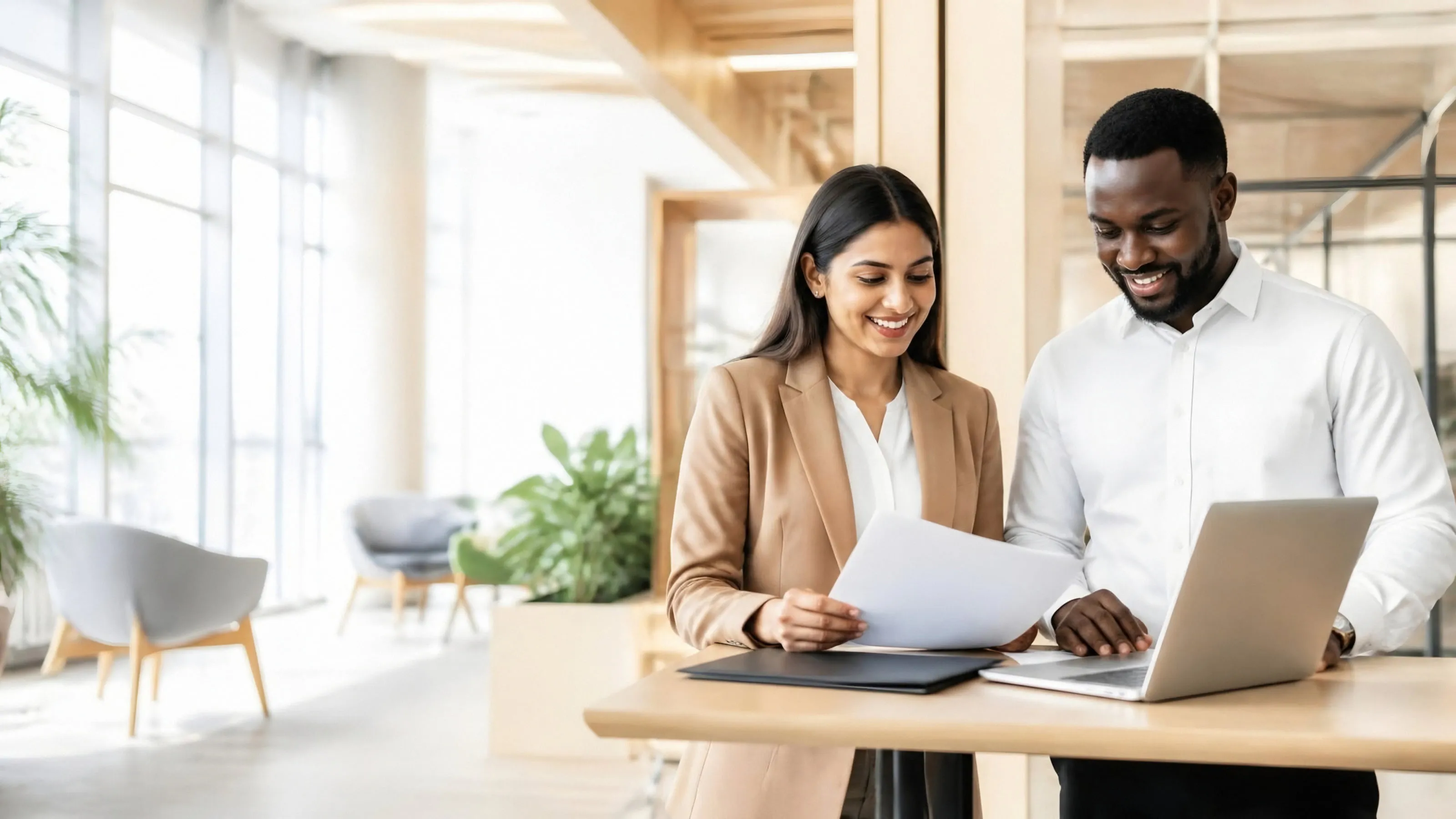 Two professionals reviewing client files and a laptop together in a bright office