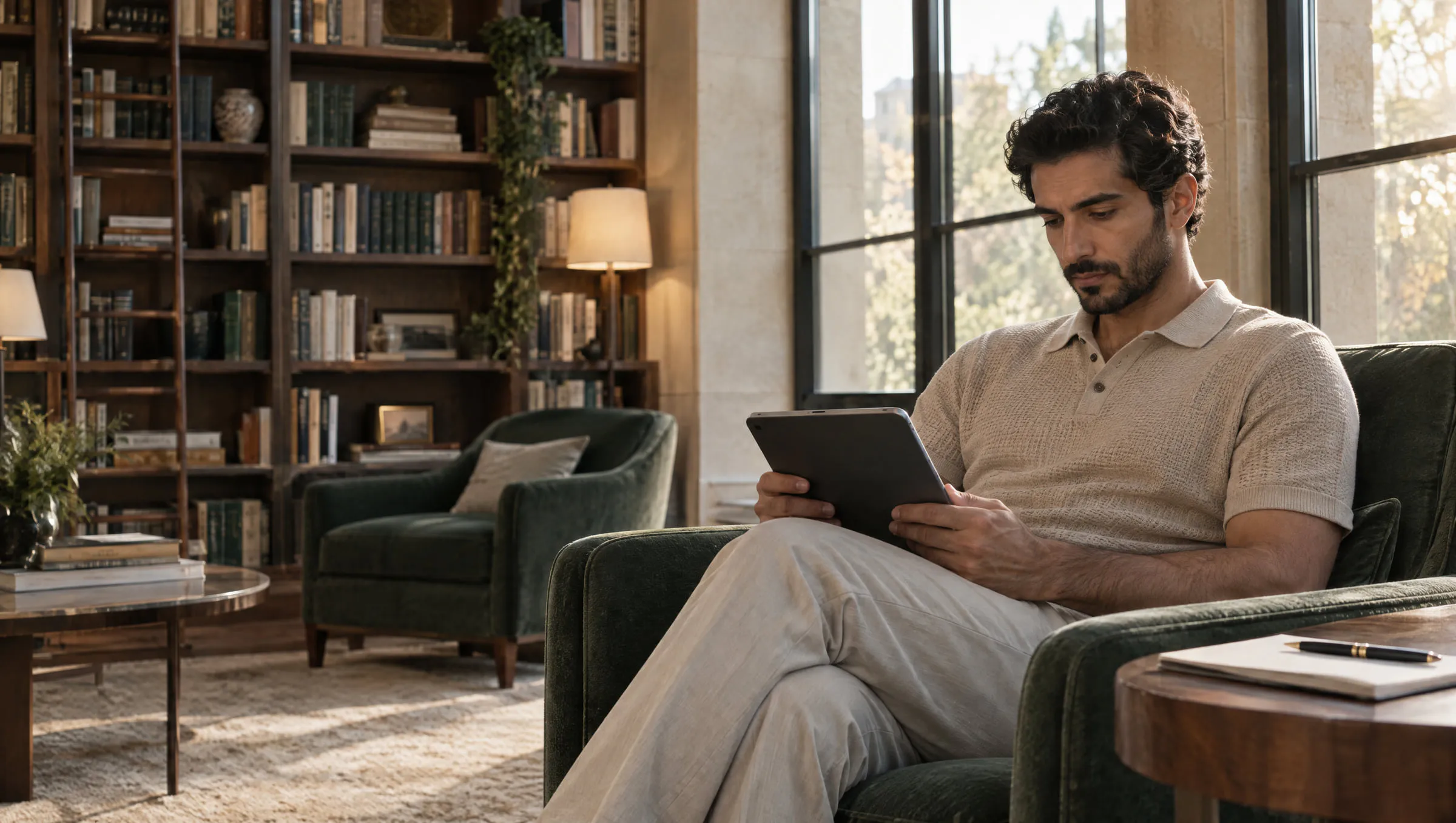 A man reading on a tablet in a quiet library lounge