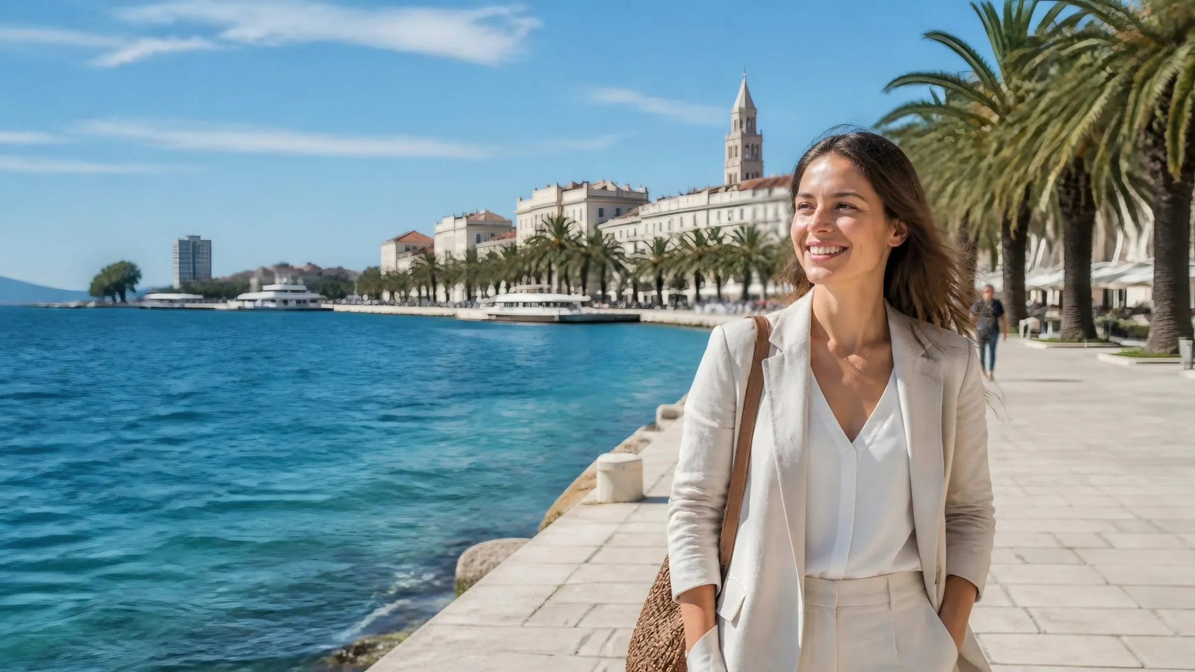 A young professional woman on the stone waterfront promenade in Split, Croatia