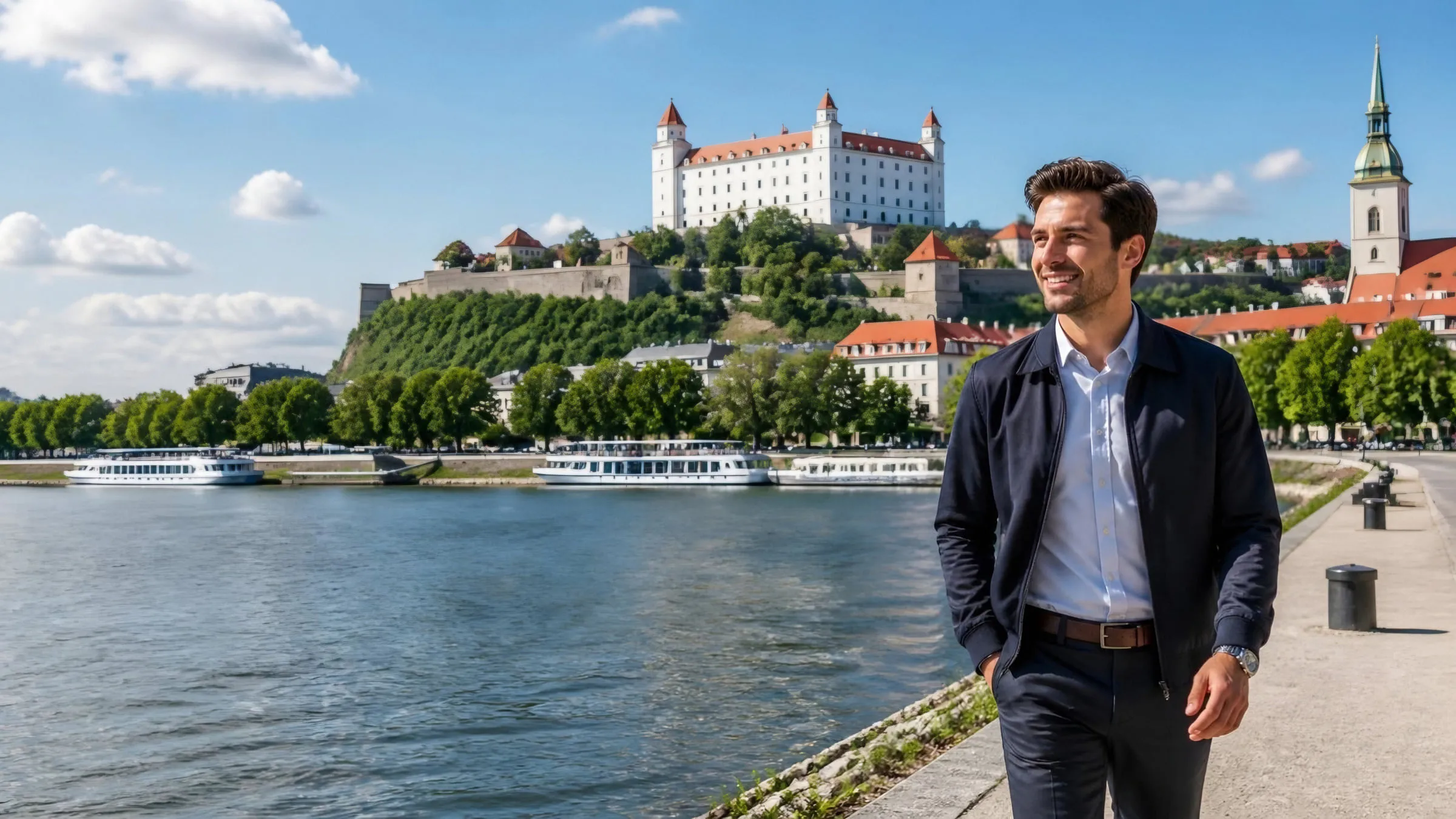 A young professional walking along the Danube below Bratislava Castle