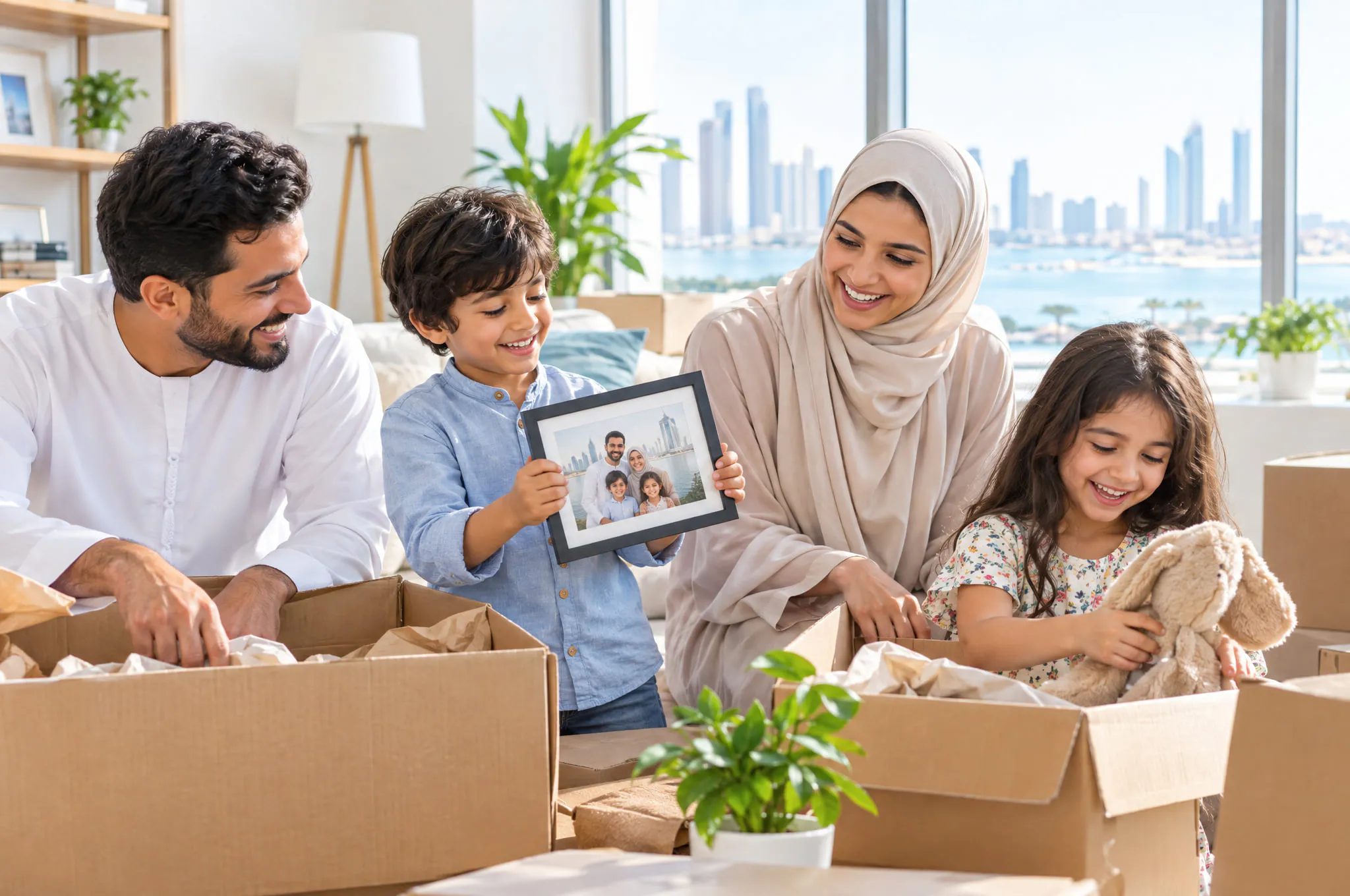 A family unpacking and laughing in the living room of their new home abroad