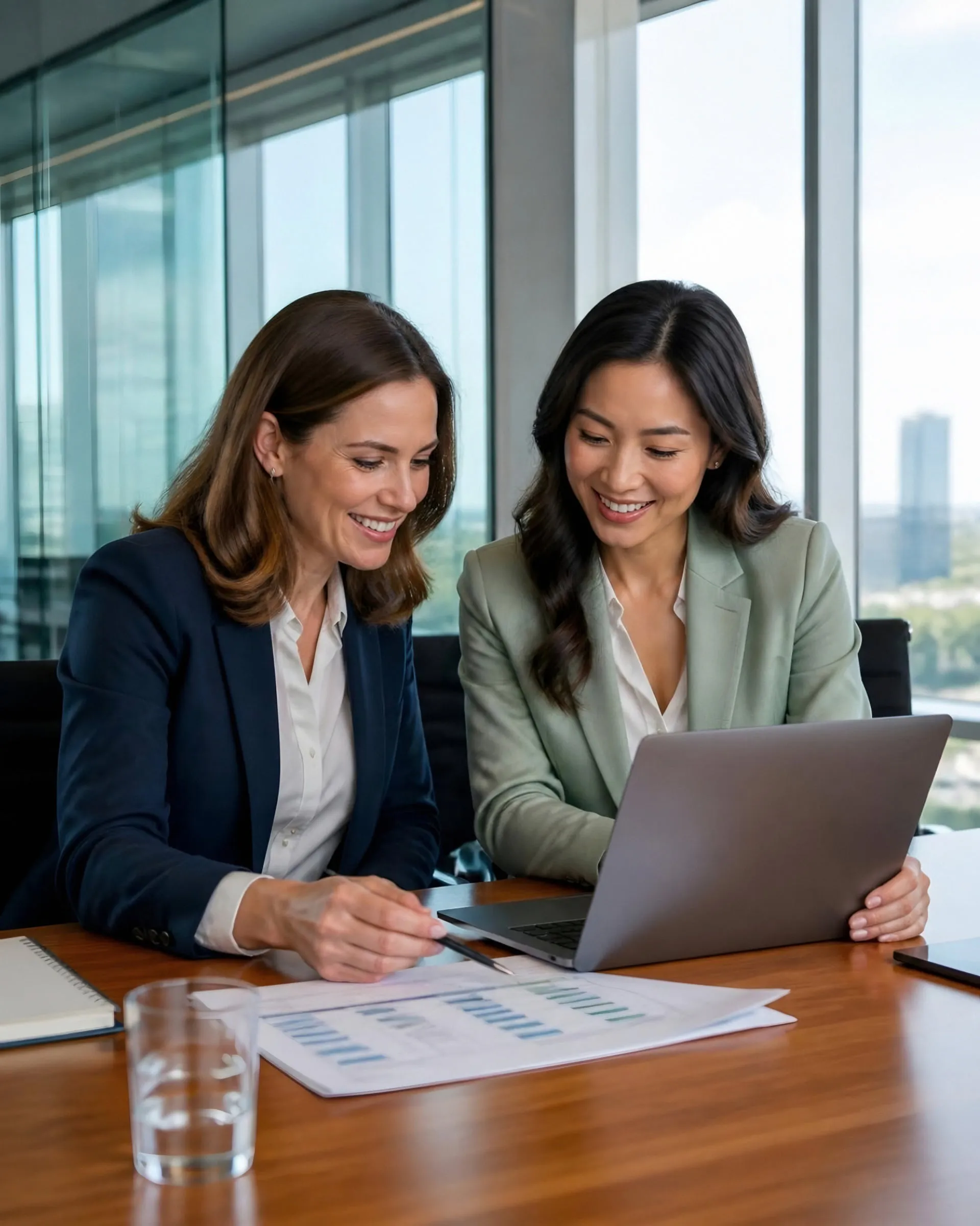 An HR director and a relocation consultant reviewing an employee transfer plan