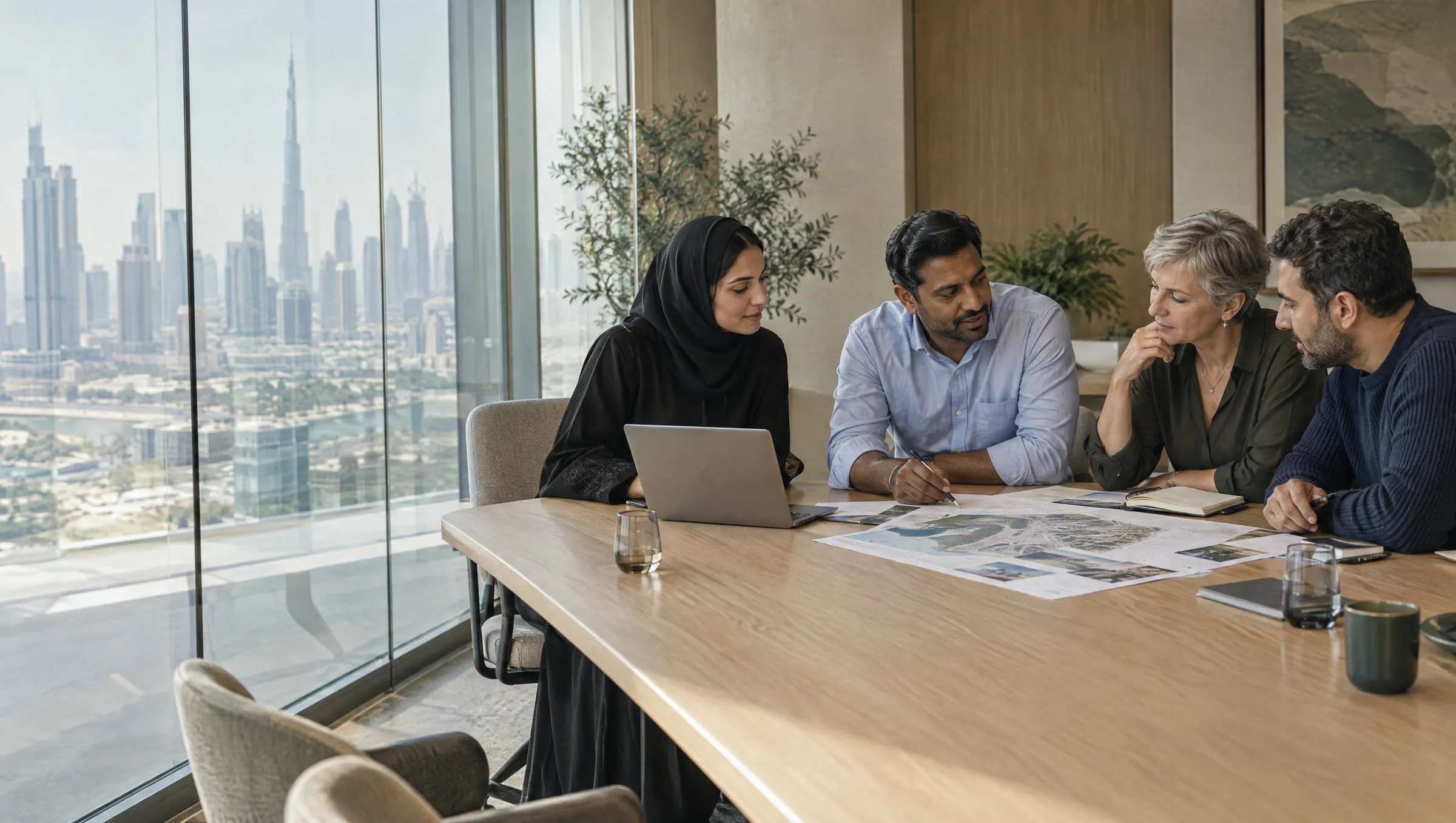 A corporate team meeting around a table in an office in Dubai
