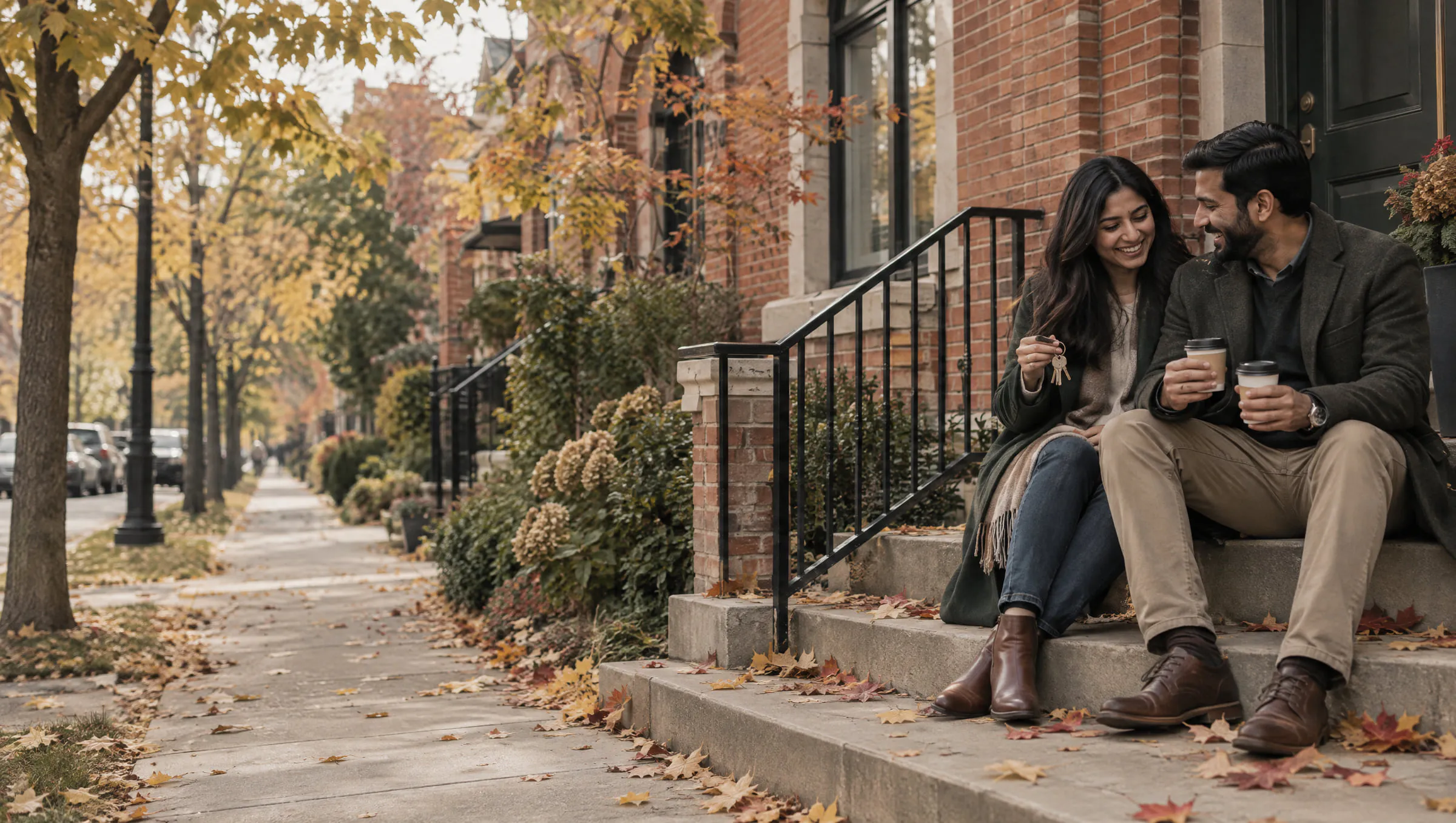 A couple sitting on the front steps of their new home in autumn