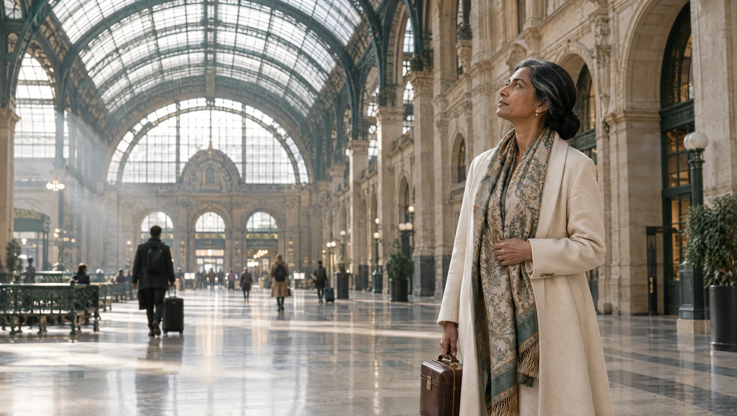 A woman standing in a grand European railway hall